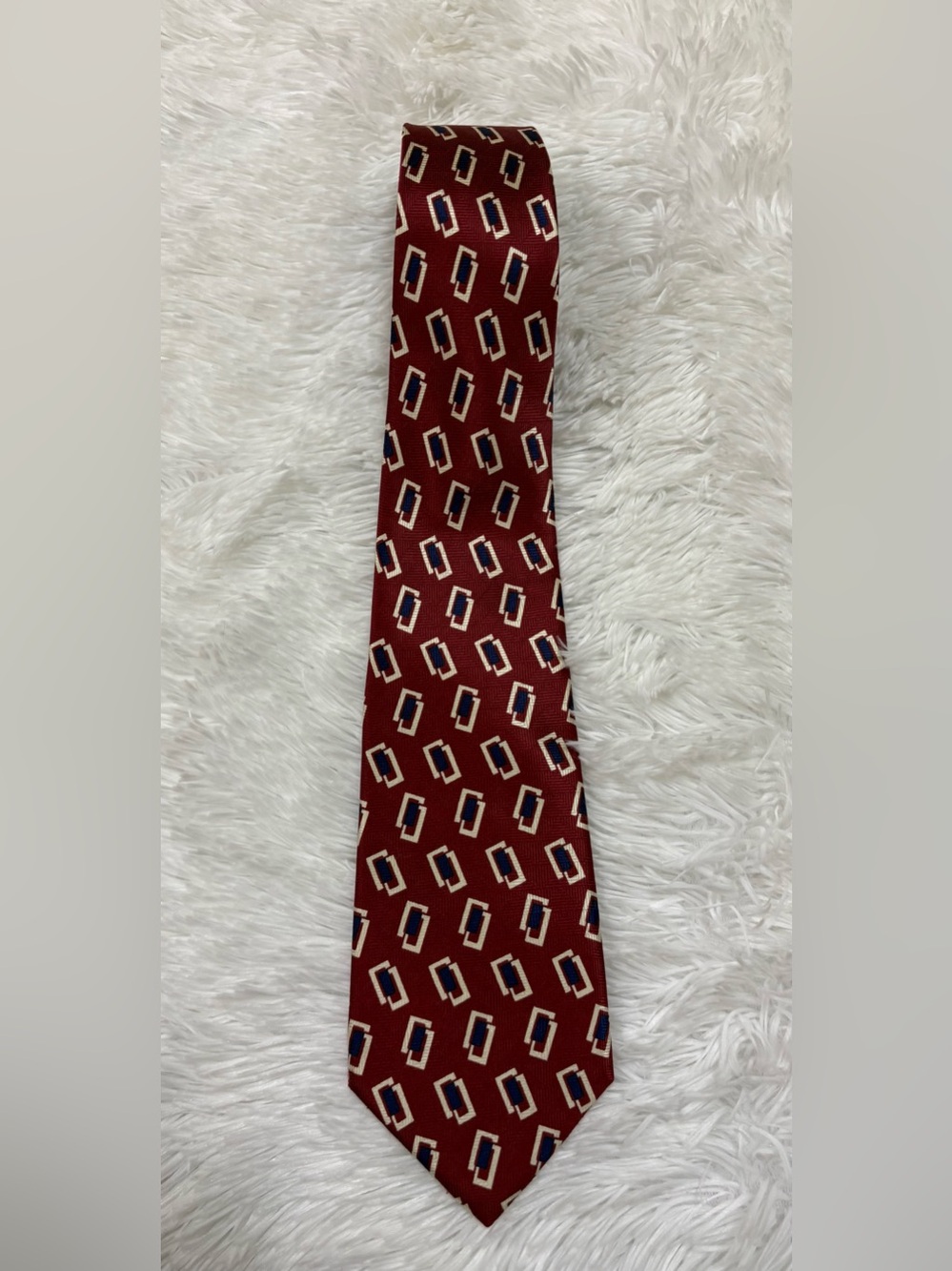 Polo by Ralph Lauren Burgundy Tie with Navy and Cream Geometric Motif